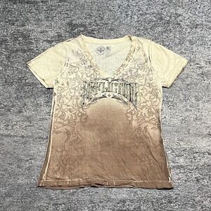 Affliction Live Fast Shirt V-Neck Womens Medium Cream Brown Y2K Grunge